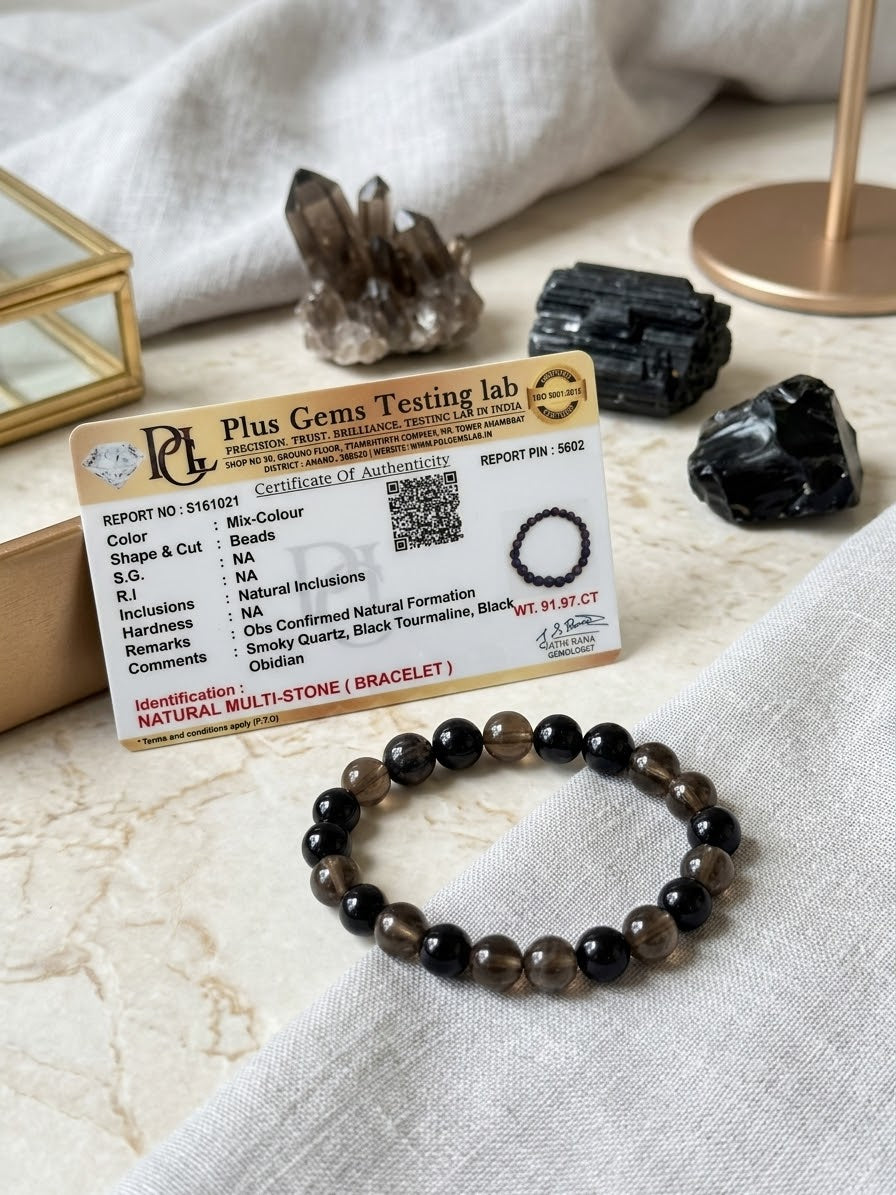 Protection Crystal Bracelet Trio Combination Bracelet - Black Tourmaline + Obsidian + Smoky Quartz